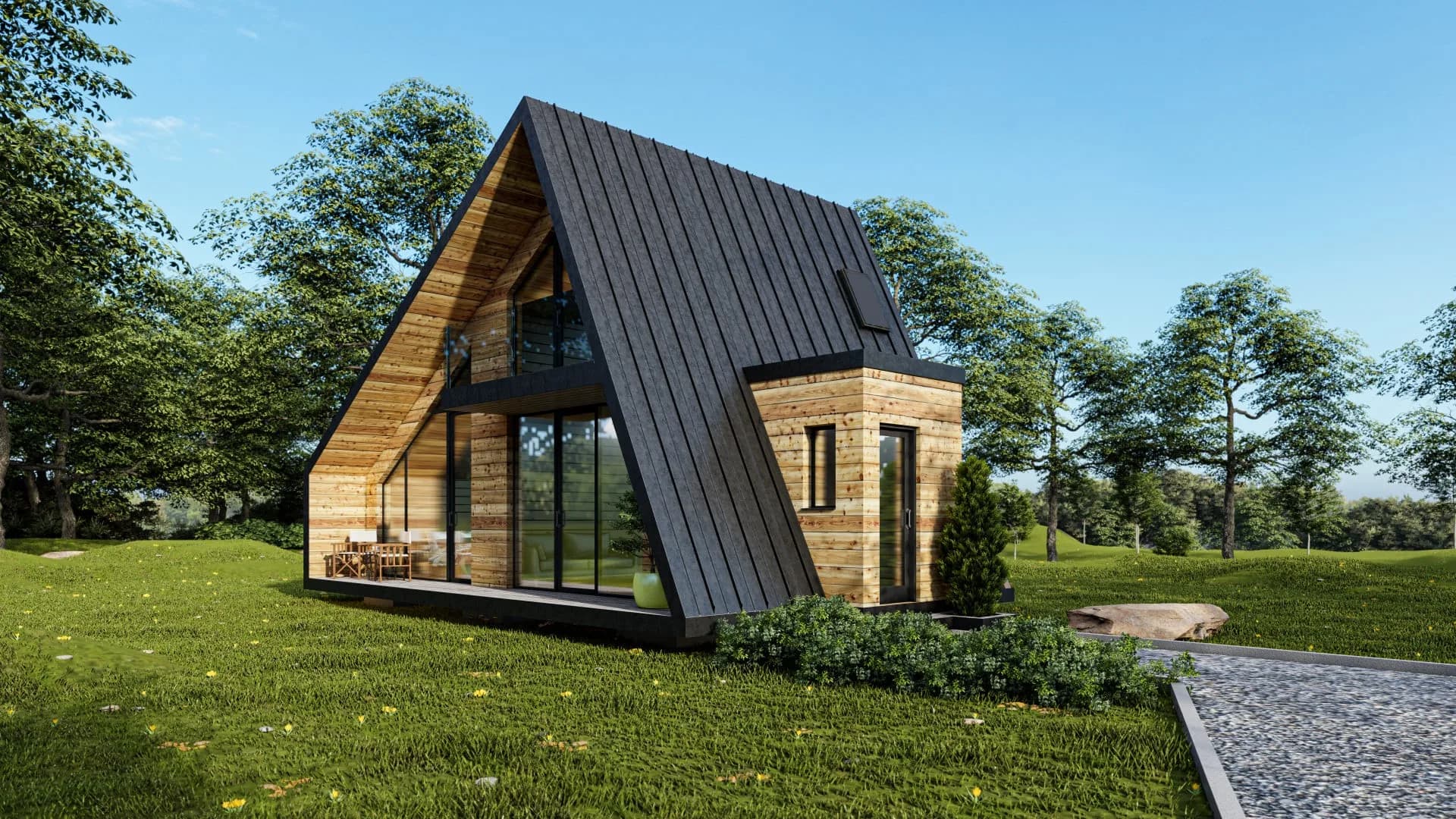 Luxury Up — 3D render of the prefab A-frame cabin seen from the side, steel roof running to the ground