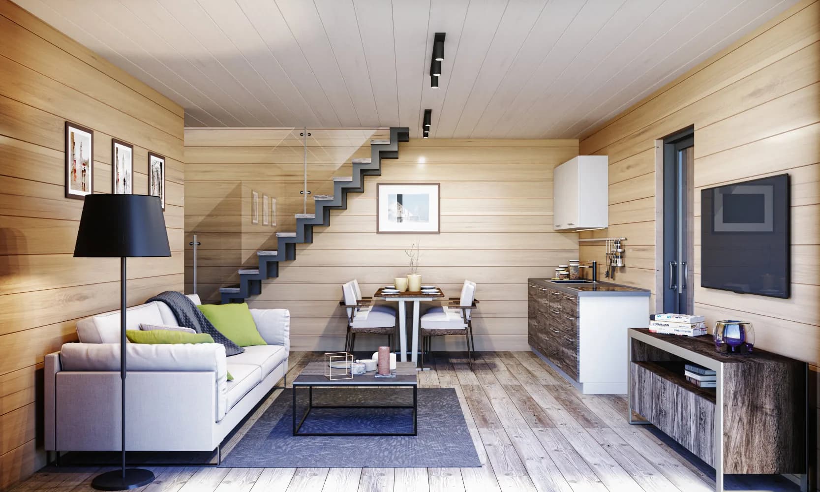 Luxury Up — 3D render of the staircase to the mezzanine bedroom inside the prefab cabin