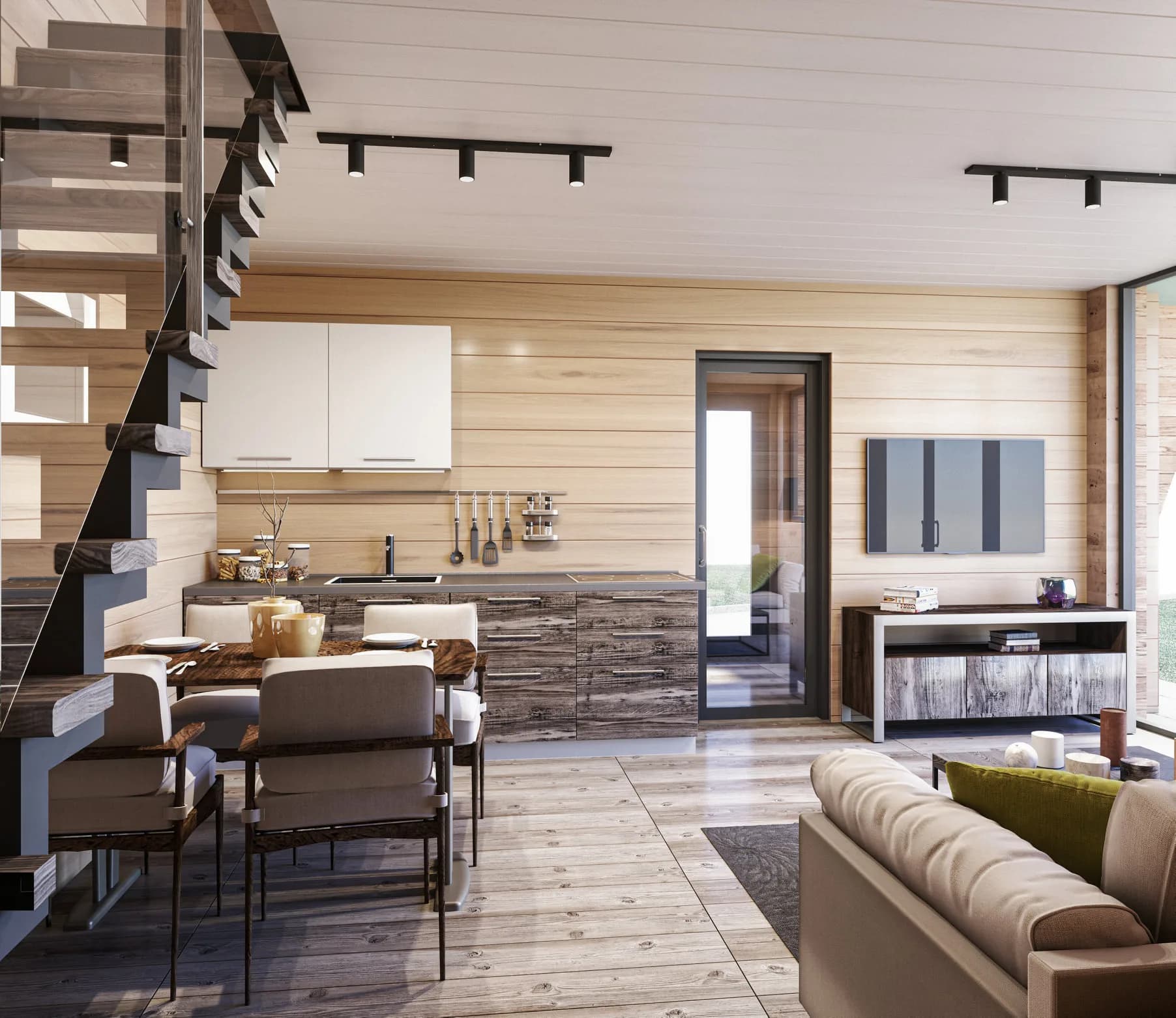 Luxury Up — 3D render of the living room, dining area and kitchen inside the modular cabin
