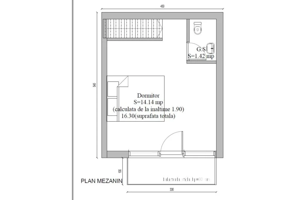 Luxury Up mezzanine plan — second bedroom and shower room under the ridge of the A-frame cabin