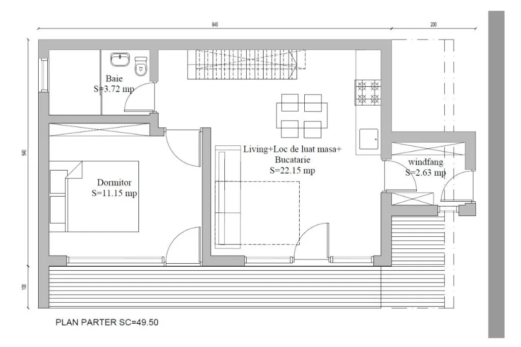 Luxury Up ground floor plan — 49.50 m² semi-finished modular cabin with living room, kitchen, one bedroom and bathroom