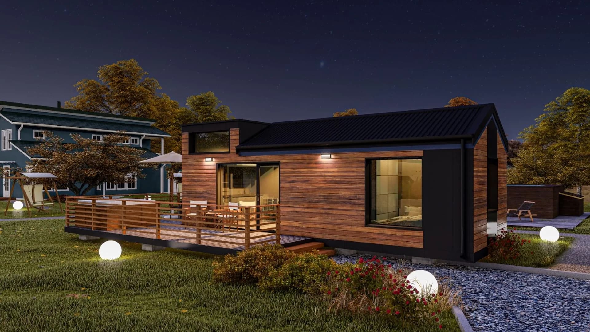 Kubo Loft — 3D render of the turnkey modular cabin at dusk, terrace lit