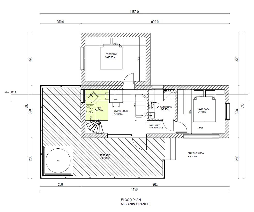 Kubo Loft Grande floor plan — 46 m² modular cabin with two bedrooms, loft and 37 m² terrace