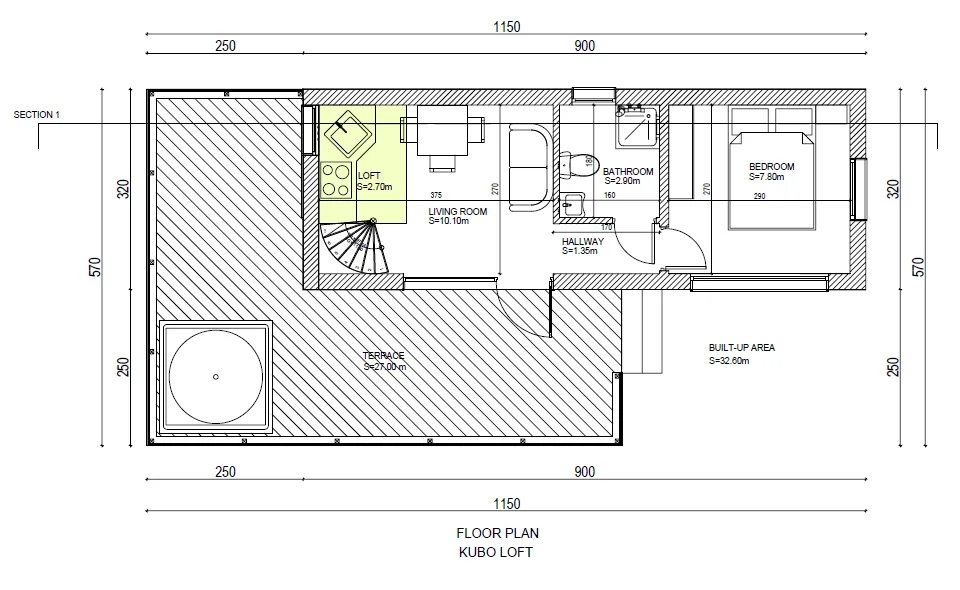 Kubo Loft floor plan — 33 m² modular cabin with one bedroom, loft and 27 m² terrace