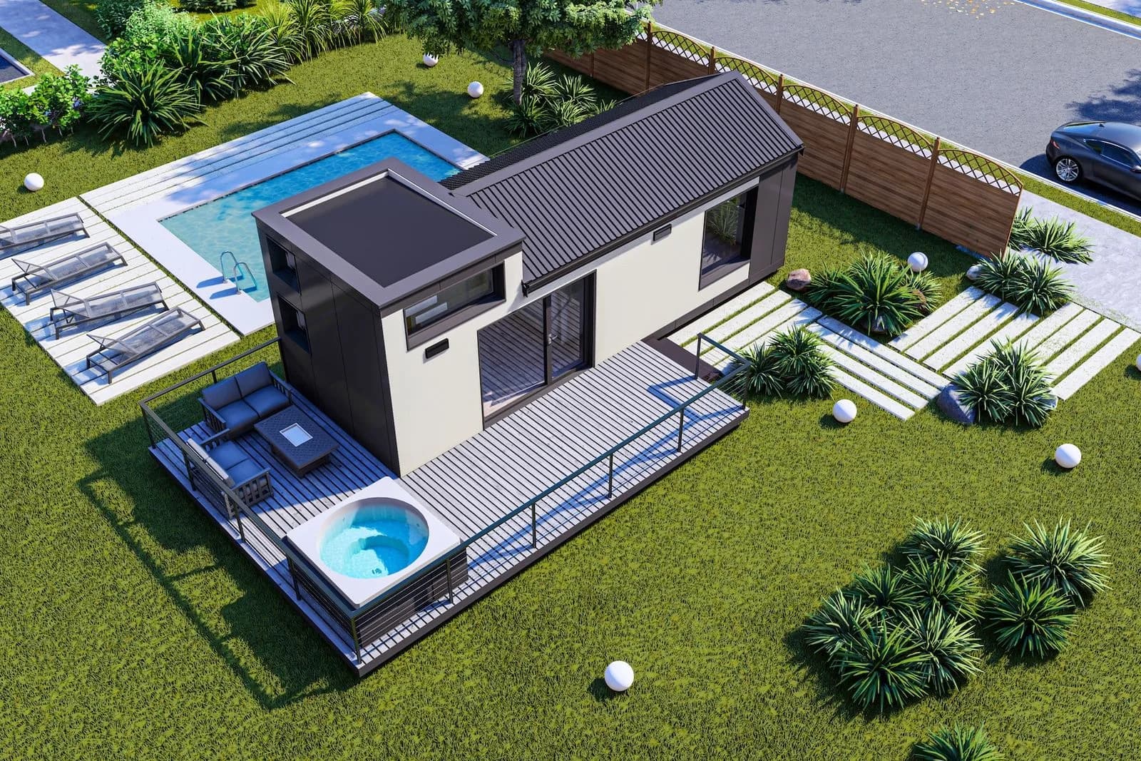 Kubo Loft — 3D render of the prefab cabin seen from above, with the terrace