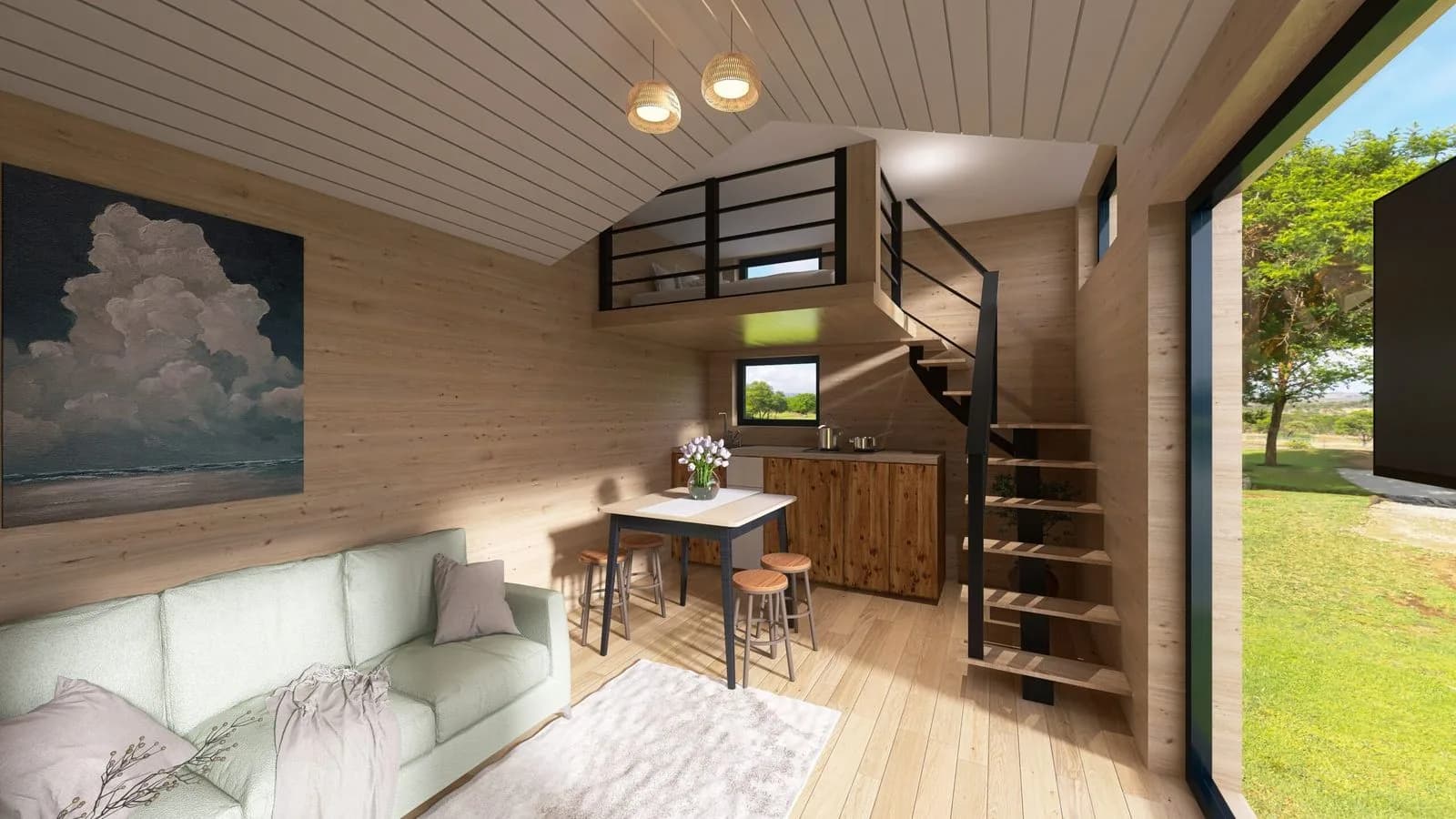 Kubo Loft — 3D render of the living room and the loft inside the modular cabin